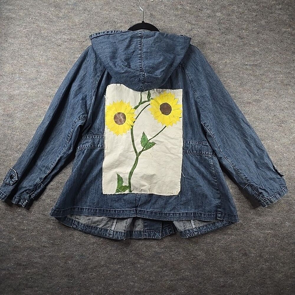 Floral  Print Hand Stitched Jean Jacket Tommy Hilfiger Hooded Denim Jacket 1x